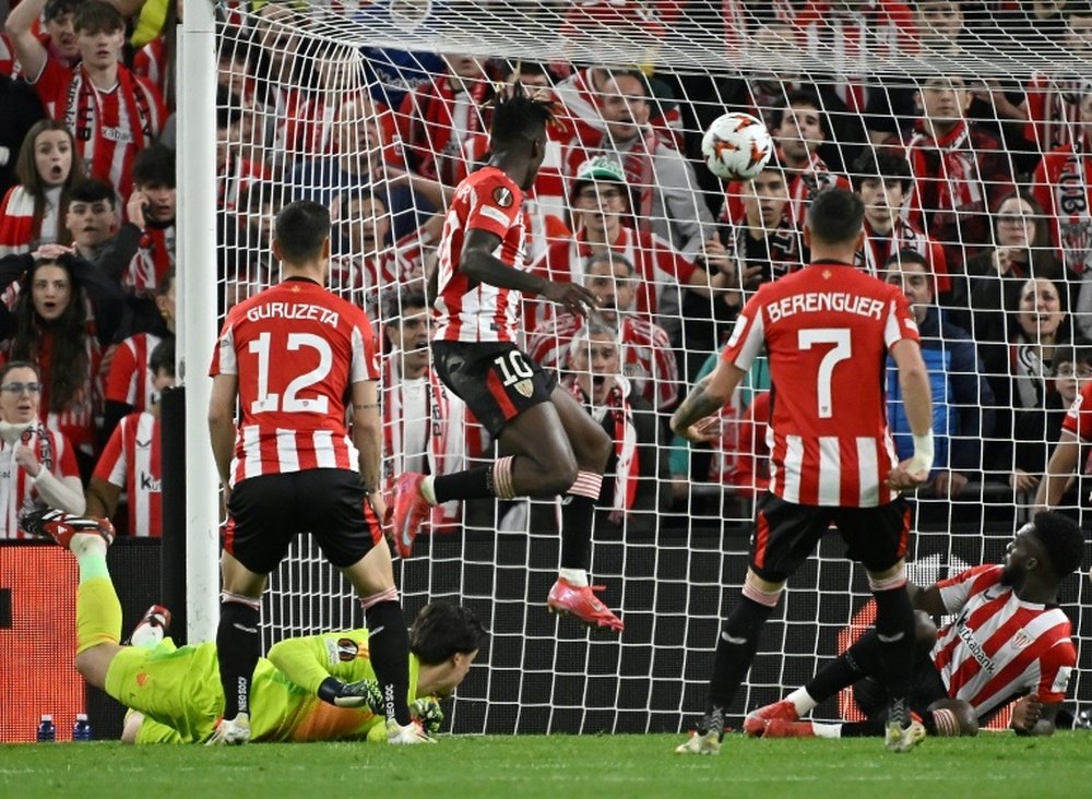 Nico Williams (C) scored twice as Athletic Bilbao beat Roma. AFP