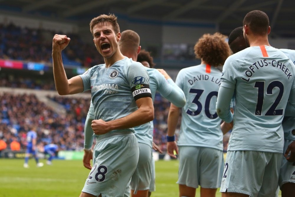 Chelsea's Cesar Azpilicueta celebrates Ruben Loftus-Cheek's winning goal against Cardiff. AFP