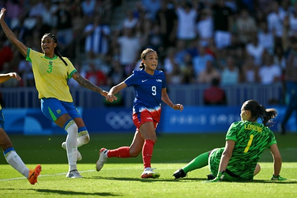 Swanson scored for the United States against Brazil in the Olympic womens football final. AFP