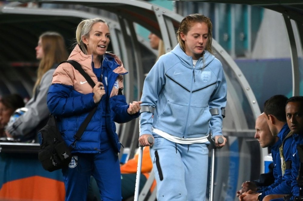 Keira Walsh reappeared on crutches after being stretchered off the pitch. AFP