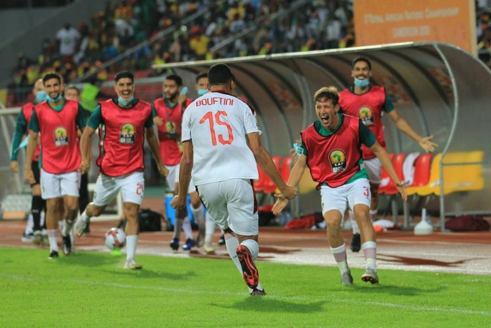 Soufiane Bouftini (C) scored Morocco's first goal in the 4-0 win over Cameroon. AFP