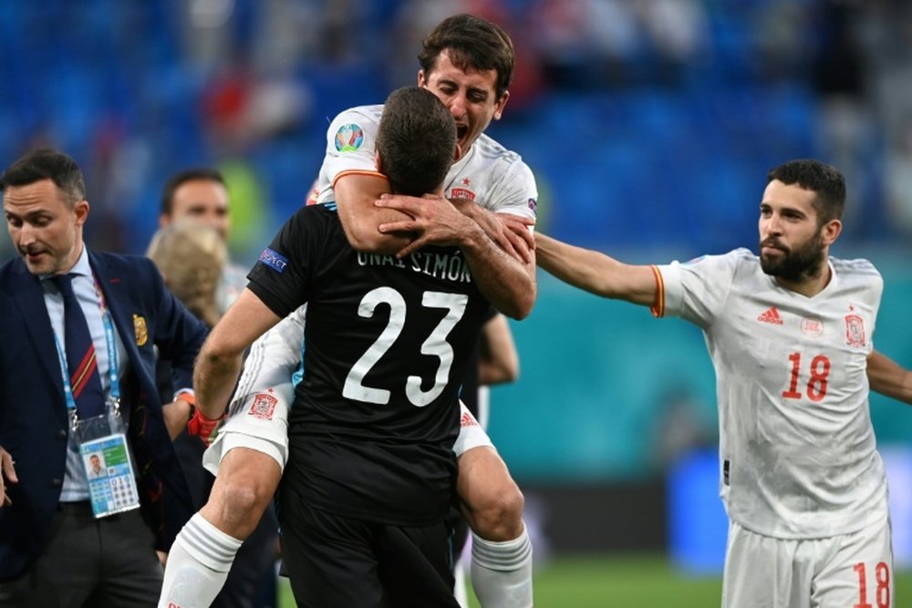 Spain's Unai Simon saved two penalties in the shoot-out to drag Spain to the semis. AFP