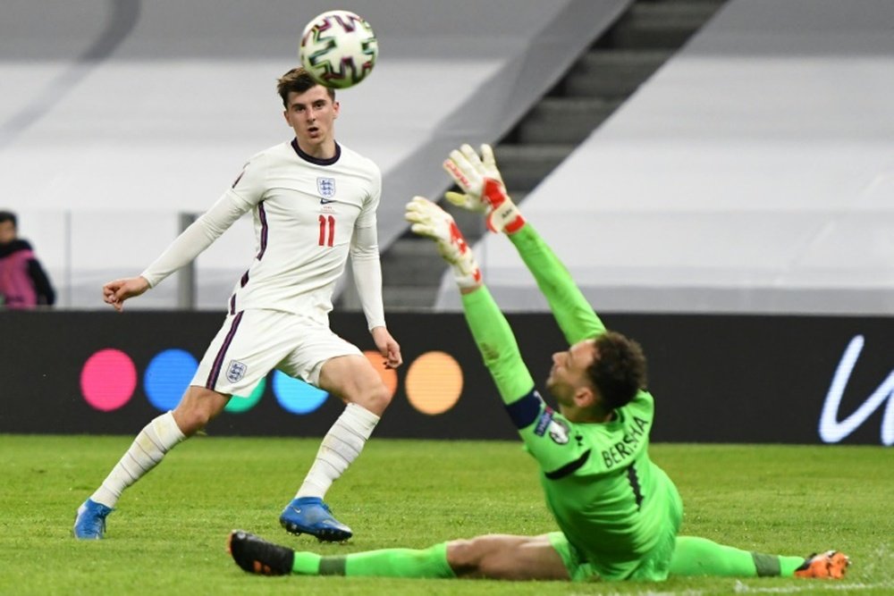 Mason Mount scores Englands second goal in their 2-0 win against Albania. AFP