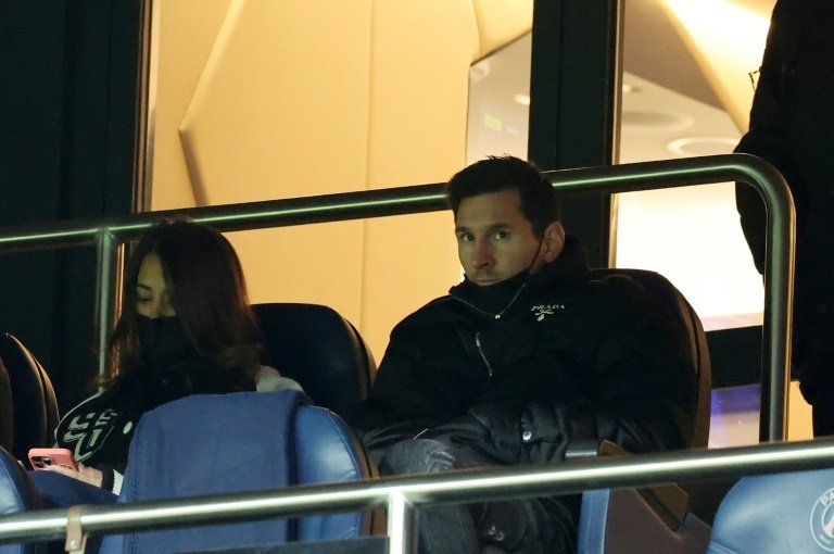 Lionel Messi watching the win against Brest from the stands. AFP