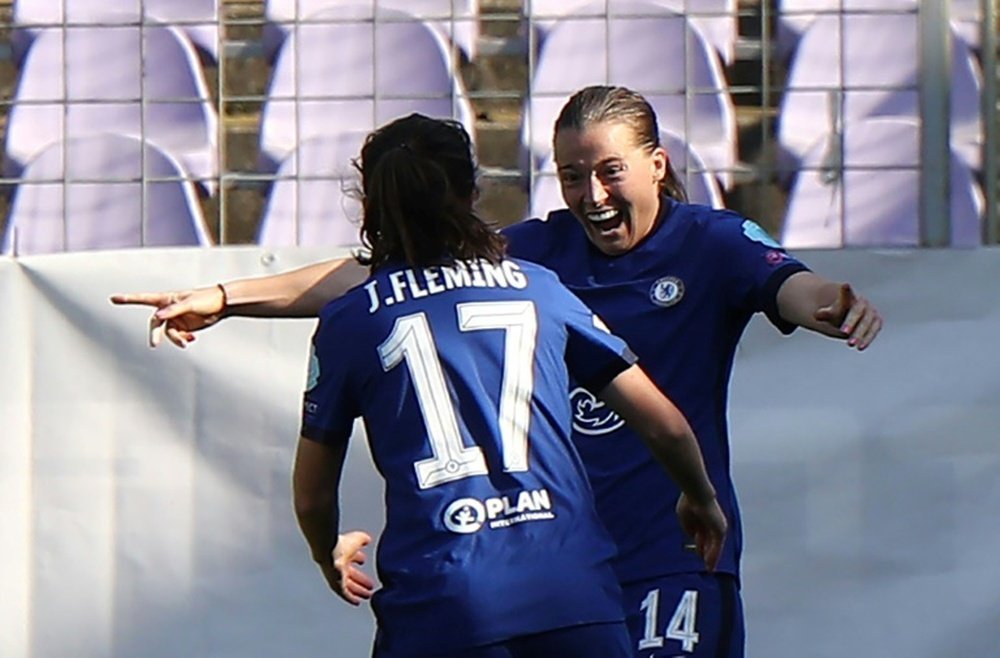 Fran Kirby (R) scored in Chelsea's 3-0 win in Hungary. AFP