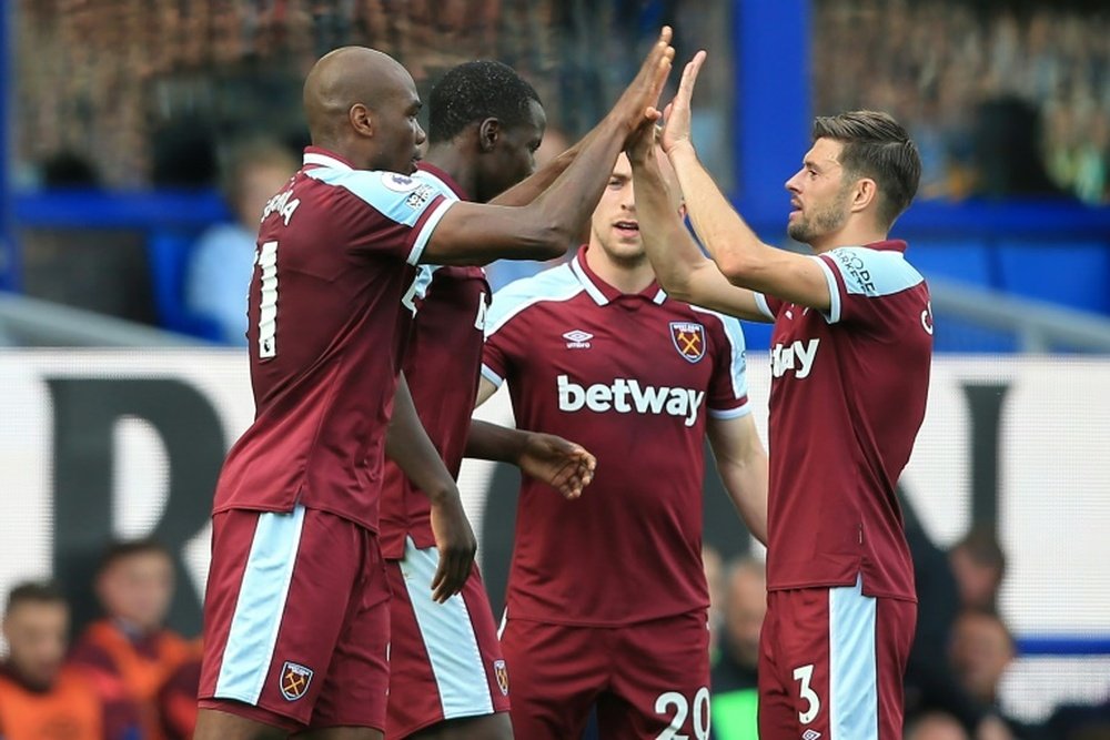 West Ham defender Angelo Ogbonna celebrates after scoring at Everton. AFP