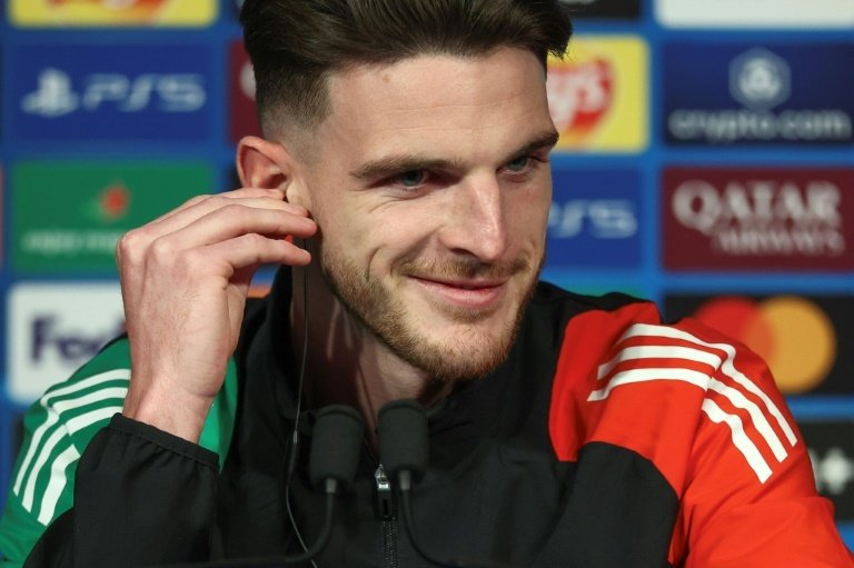 Arsenal's Declan Rice speaking to reporters in Paris on Tuesday. AFP