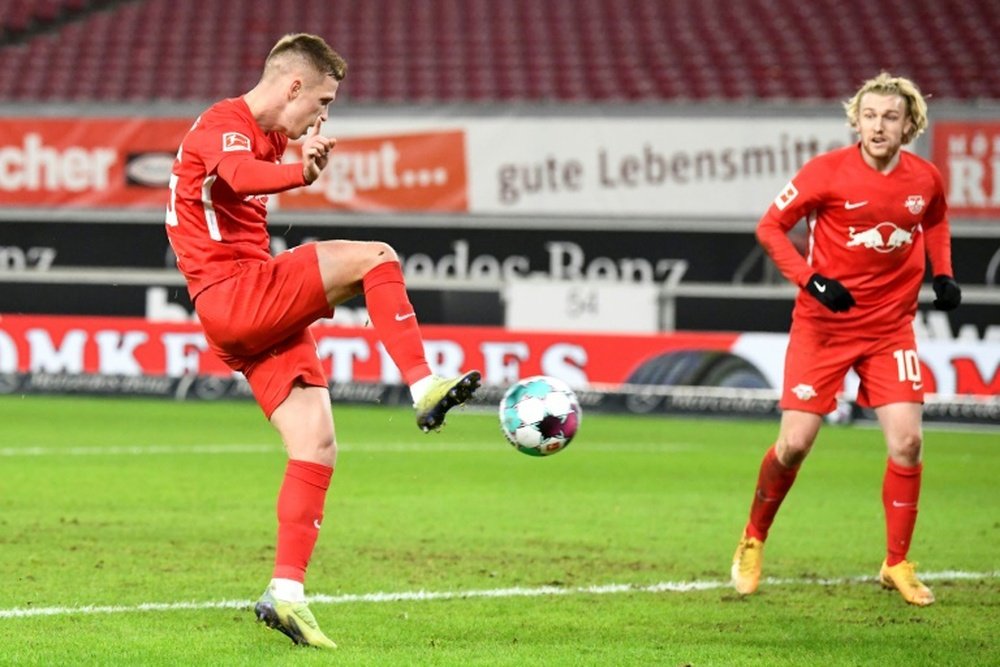 Dani Olmo scores the winning goal for RB Leipzig at Stuttgart on Saturday. AFP