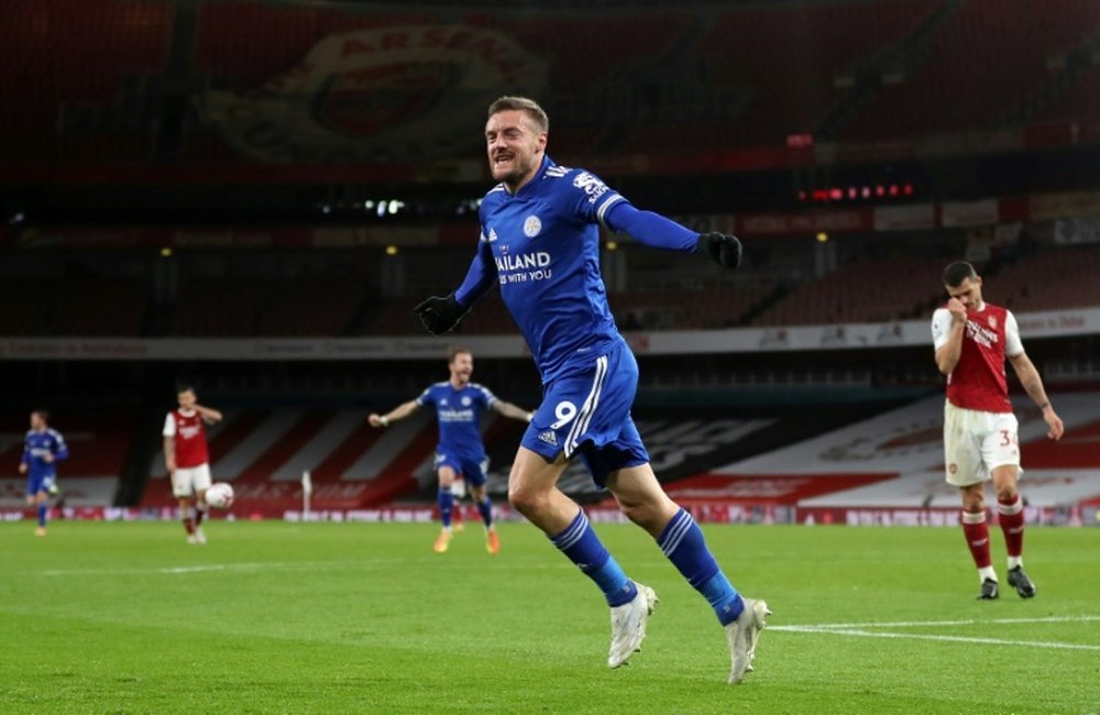 Leicester striker Jamie Vardy celebrates his goal at Arsenal. AFP