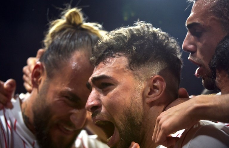 Munir El Haddadi celebrates scoring the winning goal against West Ham. AFP