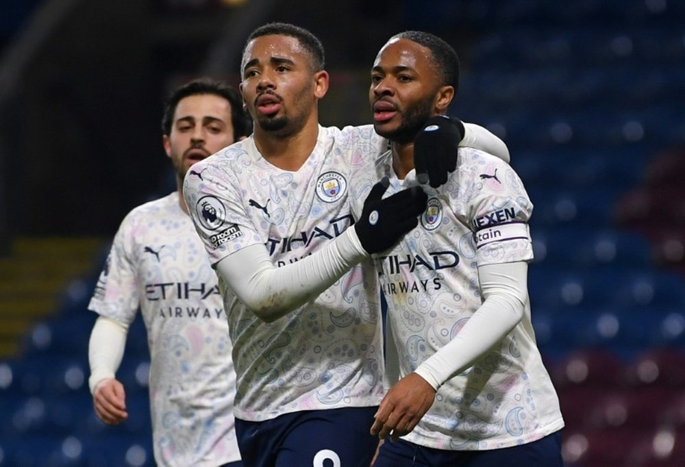 Gabriel Jesus and Raheem Sterling (R) scored in Man City's 0-2 win at Burnley. AFP