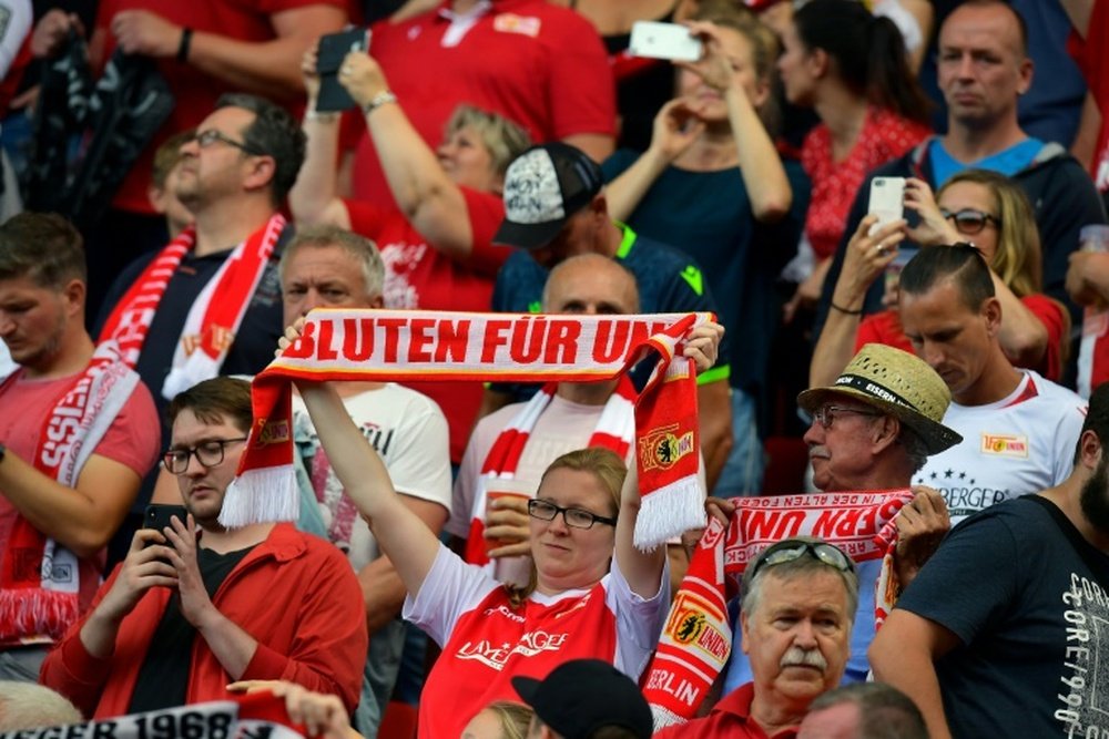 Union Berlin fans protested at the start of the game v Leipzig. AFP