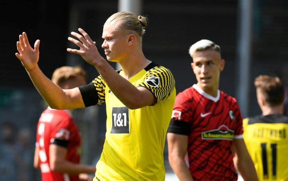 Erling Braut Haaland reacts during their shock 2-1 defeat at Freiburg on Saturday. AFP