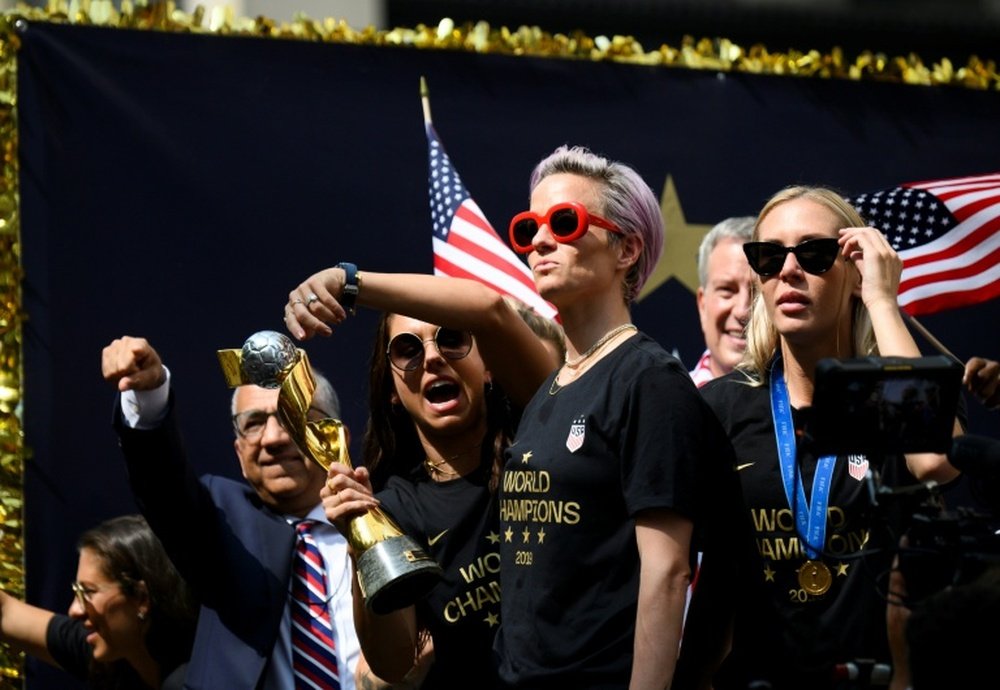 Members of the US womens soccer team celebrate their 2019 World Cup victory. AFP