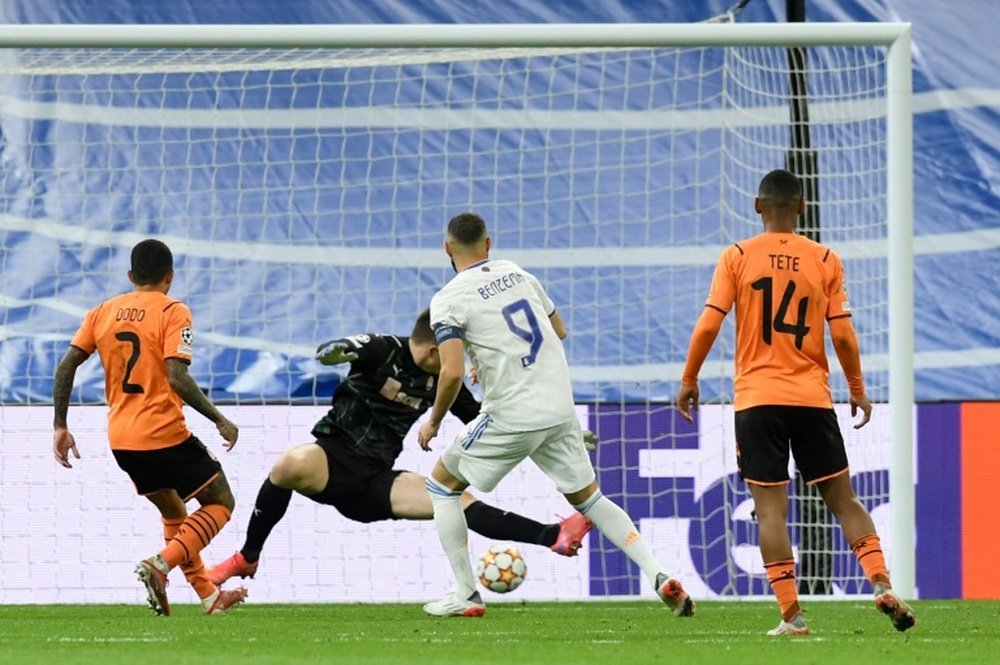 Benzema scored twice in Real Madrids Champions League win over Shakhtar Donetsk. AFP