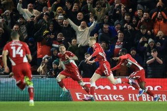 Middlesbrough's Josh Coburn celebrates the winning goal against Tottenham. AFP