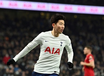 Tottenham forward Son Heung-min scores the equaliser at 2-2. AFP