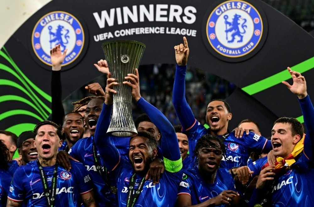 Chelsea captain Reece James lifted the UEFA Conference League trophy. AFP