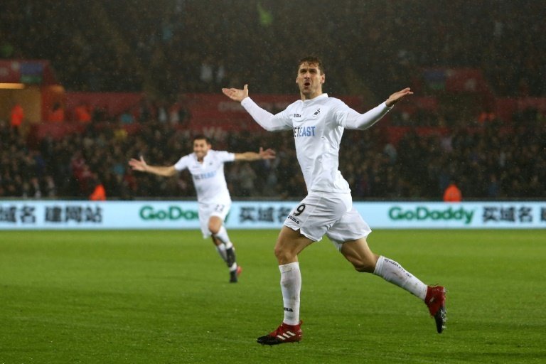 Swansea Citys Fernando Llorente celebrates after scoring their second goal against Sunderland on December 10, 2016