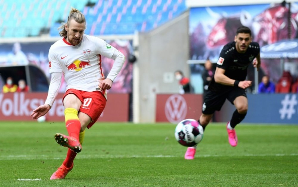 Emil Forsberg (L) has penned a new deal at Leipzig. AFP