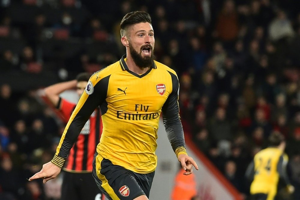 Arsenals French striker Olivier Giroud celebrates after scoring during their game against Bournemouth on January 3, 2017