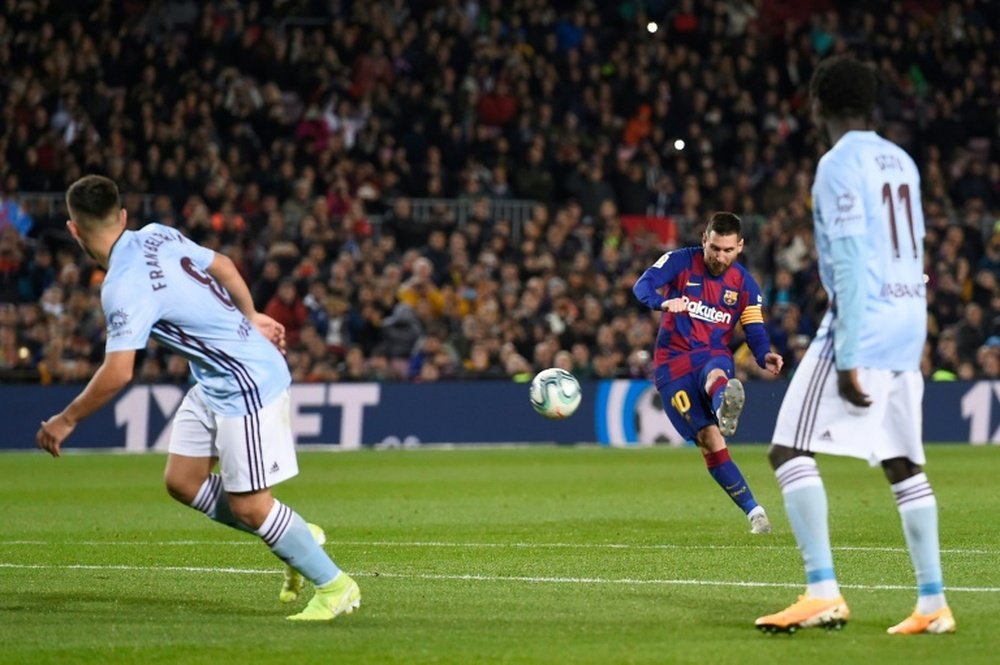Messi scored two free kick goals and one penalty as Barça beat Celta. AFP