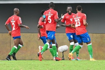 Musa Barrow celebrates after his late penalty earned Gambia a point against Mali. AFP