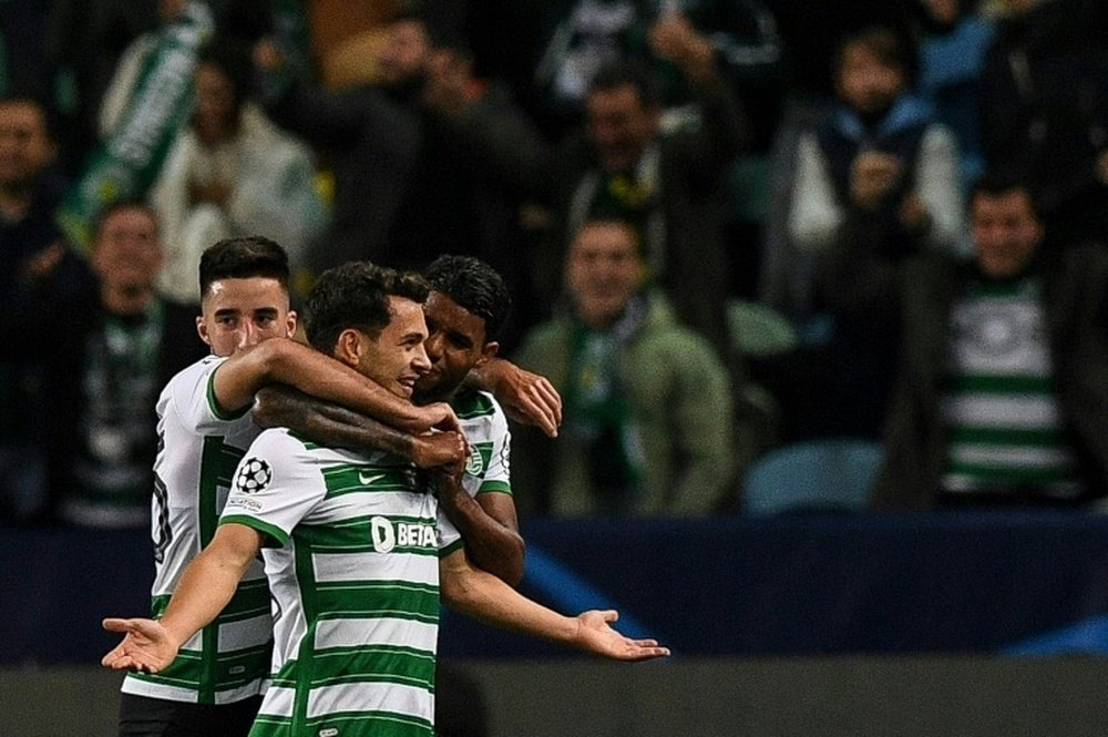 Pedro Goncalves celebrates his two goals for Sporting Lisbon against Dortmund. AFP