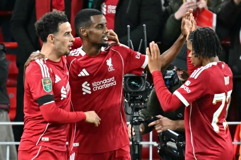Liverpool striker Alexander Isak celebrated scoring his first goal for the club. AFP