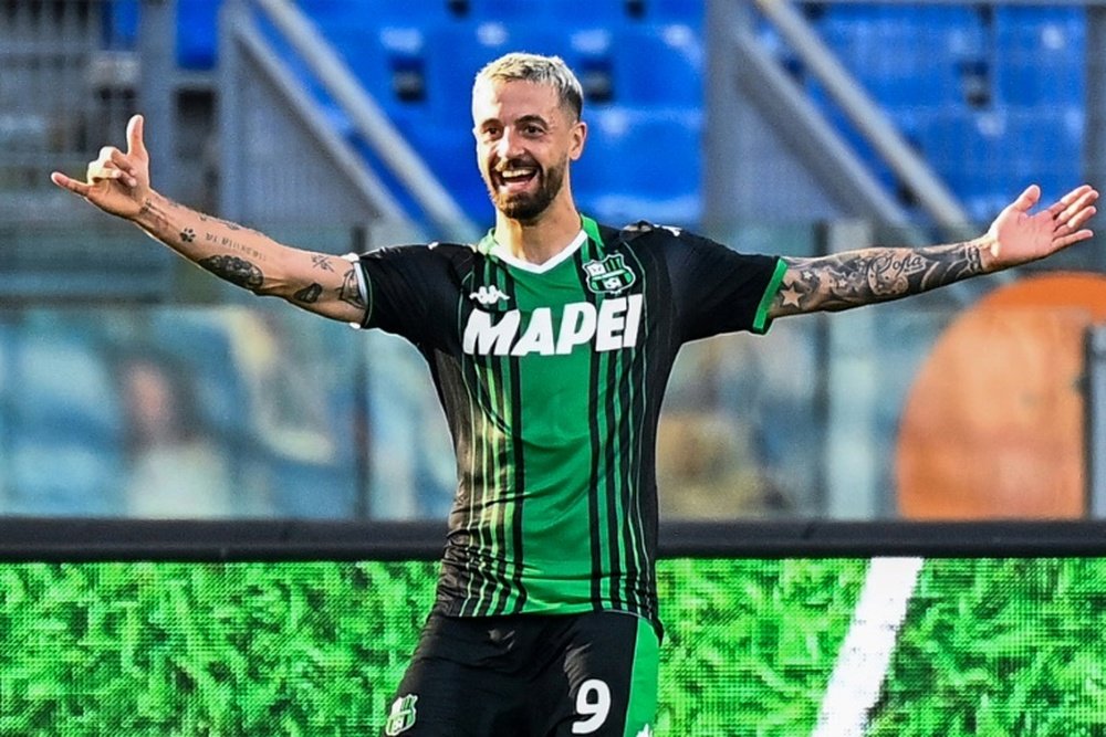 Francesco Caputo celebrated his Italy call up with two goals for Sassuolo v Crotone. AFP