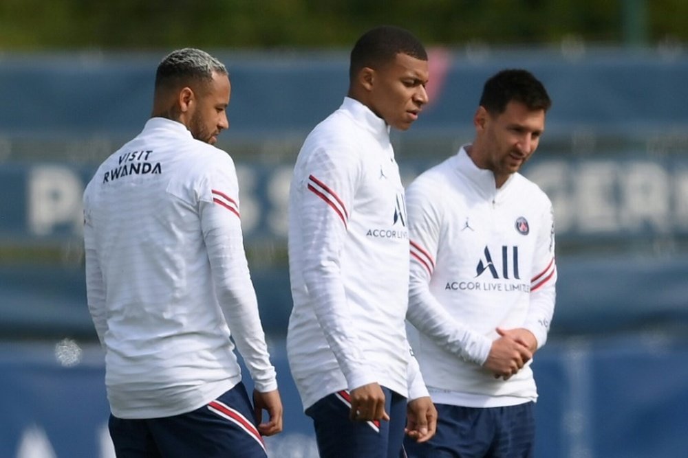 Neymar, Kylian Mbappe and Lionel Messi training on Saturday ahead of a visit to Reims. AFP