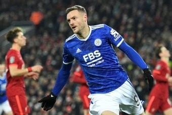 Leicester striker Jamie Vardy scores against Burnley. AFP
