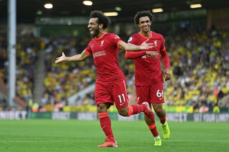 Mohamed Salah (L) got on the scoresheet as Liverpool won on Norwich. AFP