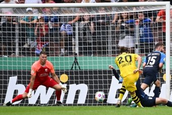 New signing Marcel Sabitzer scored on his competitive debut for Borussia Dortmund in a 6-1 victory over Schott Mainz in the first round of the German Cup on Saturday.