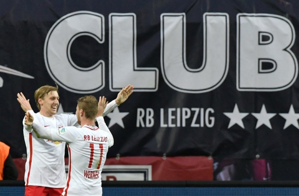 Leipzig forward Timo Werner (R) midfielder Emil Forsberg after scoring. AFP