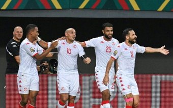 Tunisia captain Wahbi Khazri celebrates scoring against Mauritania. AFP