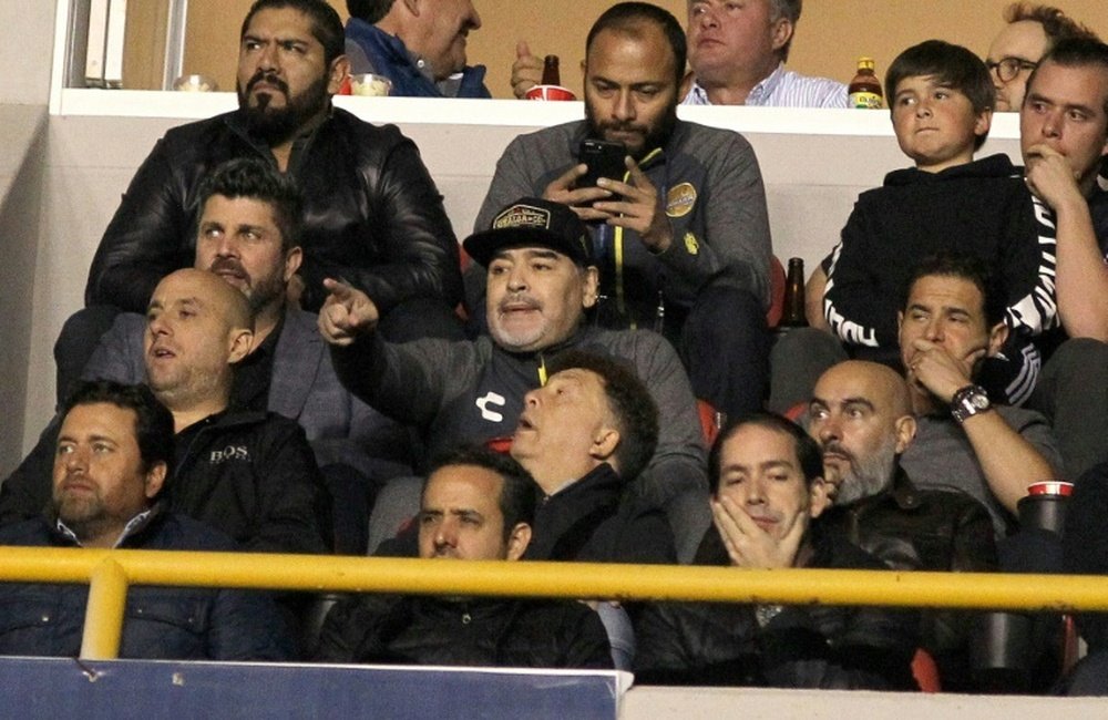 Maradona sits out a suspension in the stands. AFP