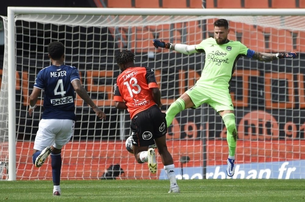 Terem Moffi (C) scored a hat-trick as Lorient beat Bordeaux 4-1. AFP