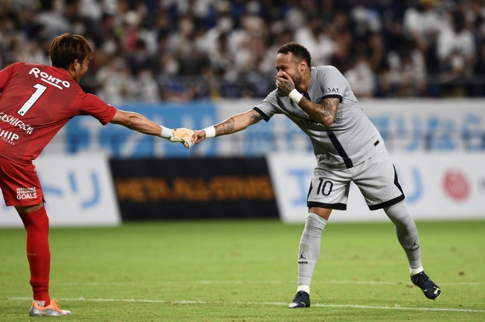 Neymar (R) scored twice in 2-6 win over Gamba Osaka. AFP