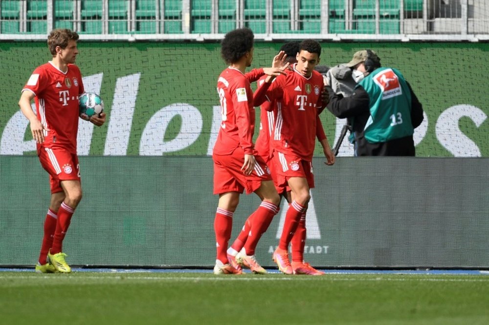 Jamal Musiala scored twice in Bayern's 3-2 win at Wolfsburg. AFP