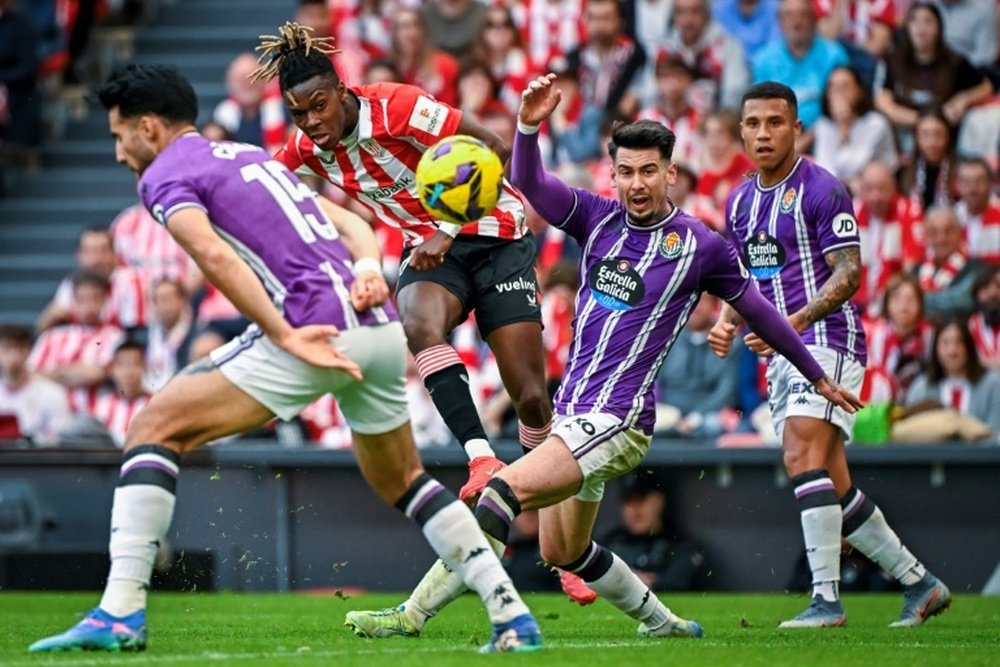 Nico Williams (2L) hit two goals as his side hammered lowly Real Valladolid. AFP