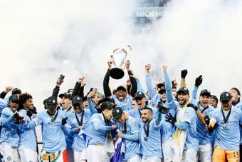 Players for New York City FC celebrated the MLS Cup title last year. AFP