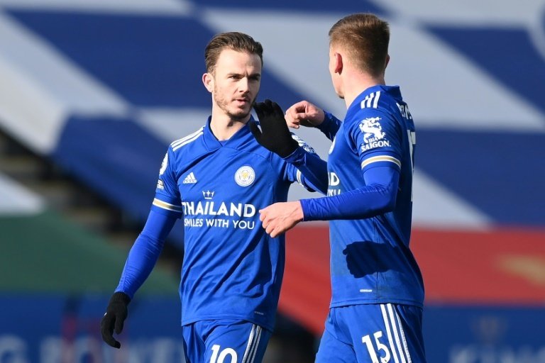James Maddison (L) scored as Leicester beat Liverpool late on. AFP