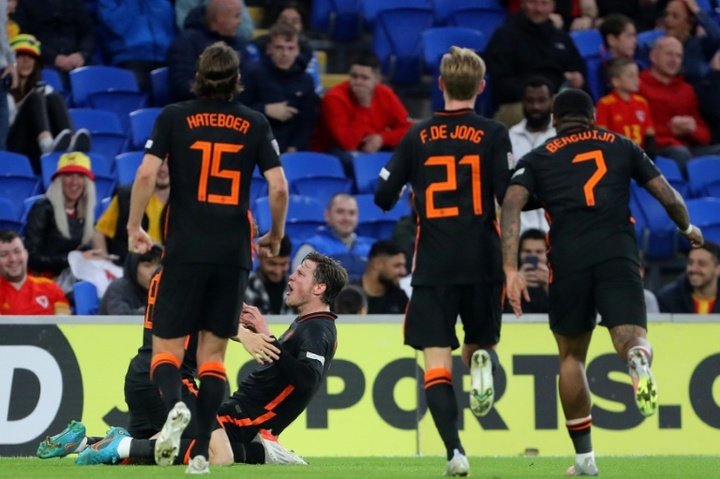 Wout Weghorst (C) got a late winner for the Netherlands at the death. AFP