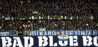 Dinamo Zagreb supporters hold a banner in support of Ukraine during their 1-0 win over Sevilla. AFP