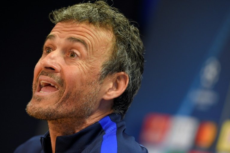 Luis Enrique gives a press conference on the eve of the Champions League clash with PSG. AFP