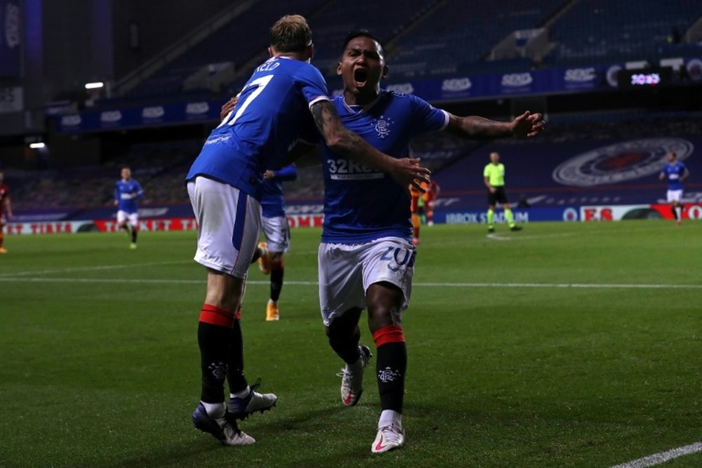 Alfredo Morelos (R) scored in Rangers' 4-1 win over Dundee United. AFP