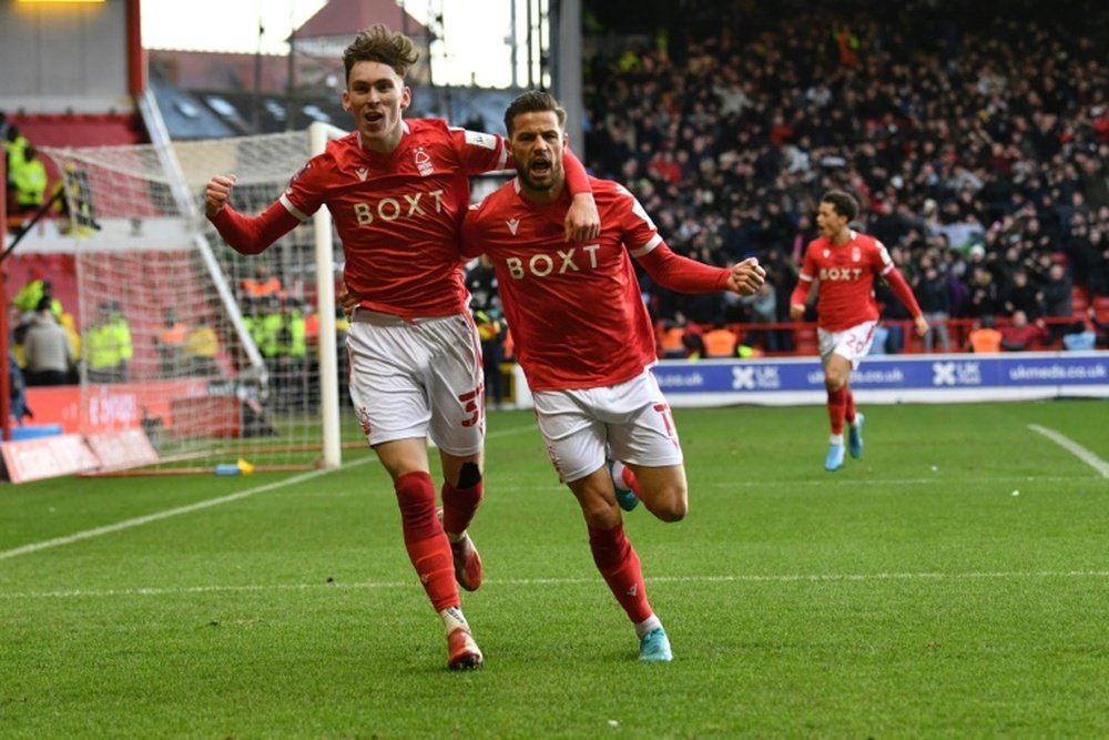 Nottingham Forests Philip Zinckernagel celebrates scoring against Leicester. AFP