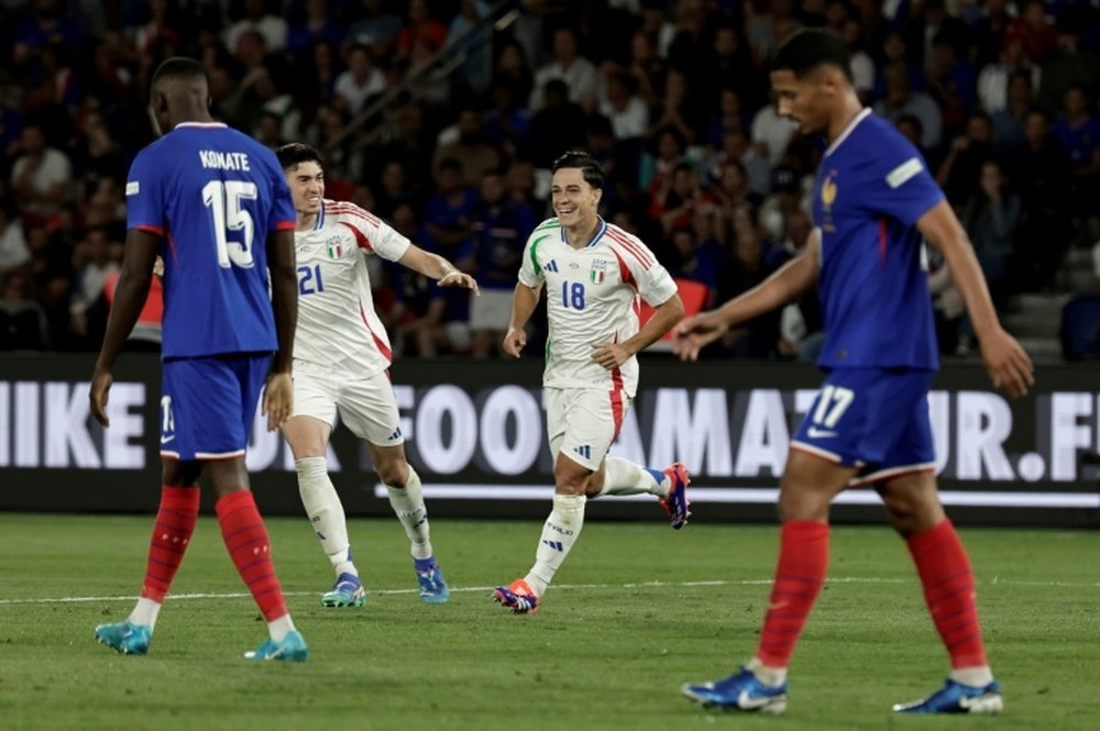 Giacomo Raspadori scored Italy's third goal against France in Paris. AFP