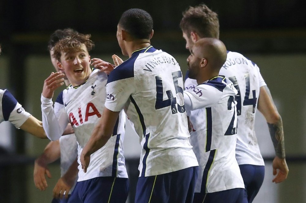 Alfie Devine (L) scored for Spurs in the 0-5 win over Marine. AFP